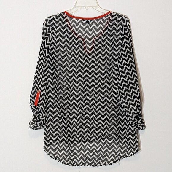 WOMEN'S "Espresso" Navy/White Zig Zag Sheer Chiffon Tunic; Size M - Picture 2 of 3